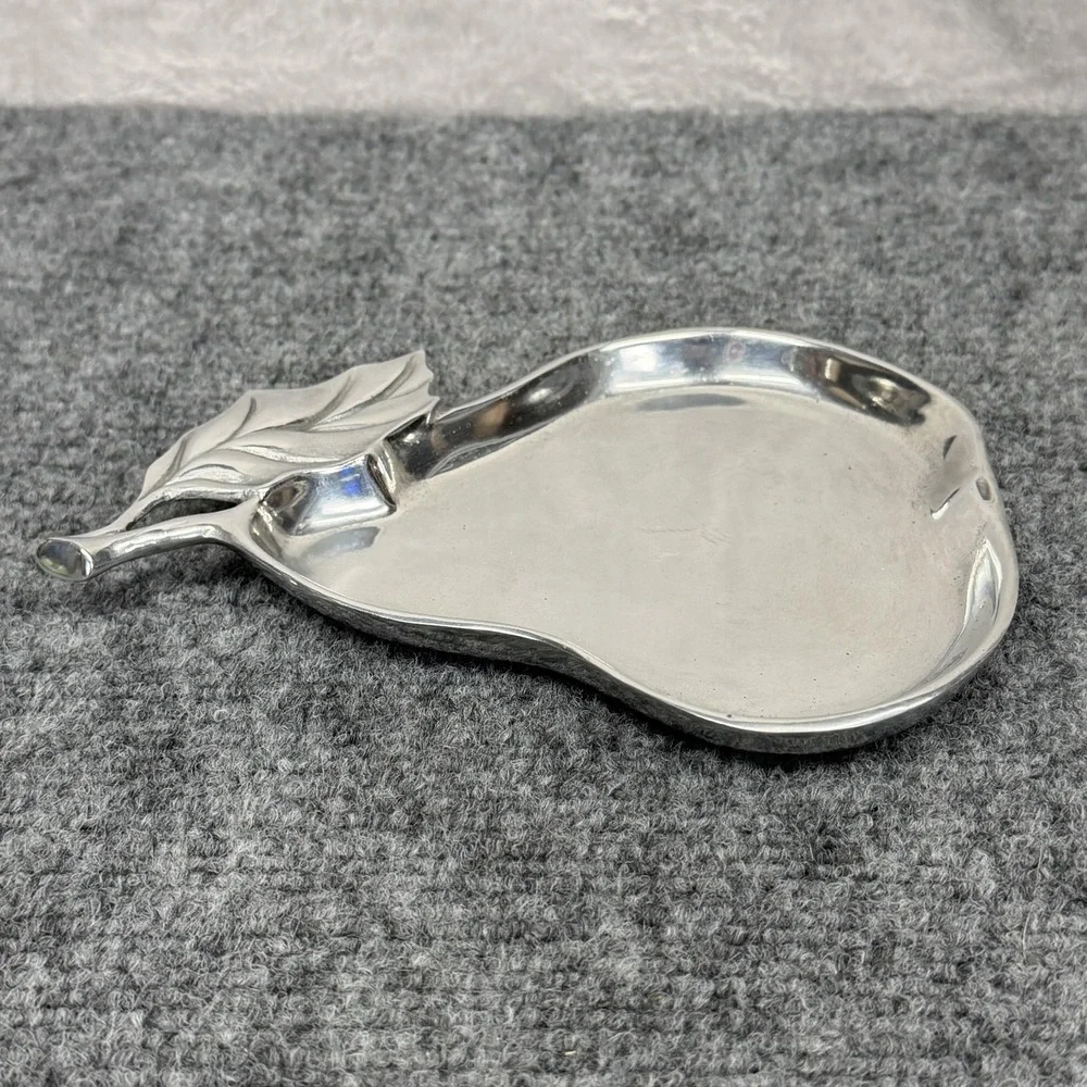 Fitz & Floyd Silver Metal Pear Shaped Serving Tray Small Leaf Handle Decor